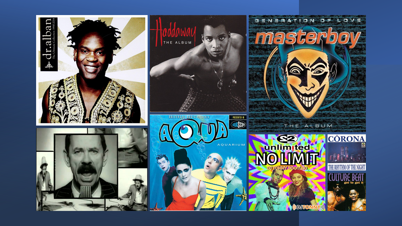 Les années 90 : Megamix – Snap, DJ BoBo, Haddaway, Corona, Dr. Alban, Aqua, Rednex, U96, Cappella, Ice MC…