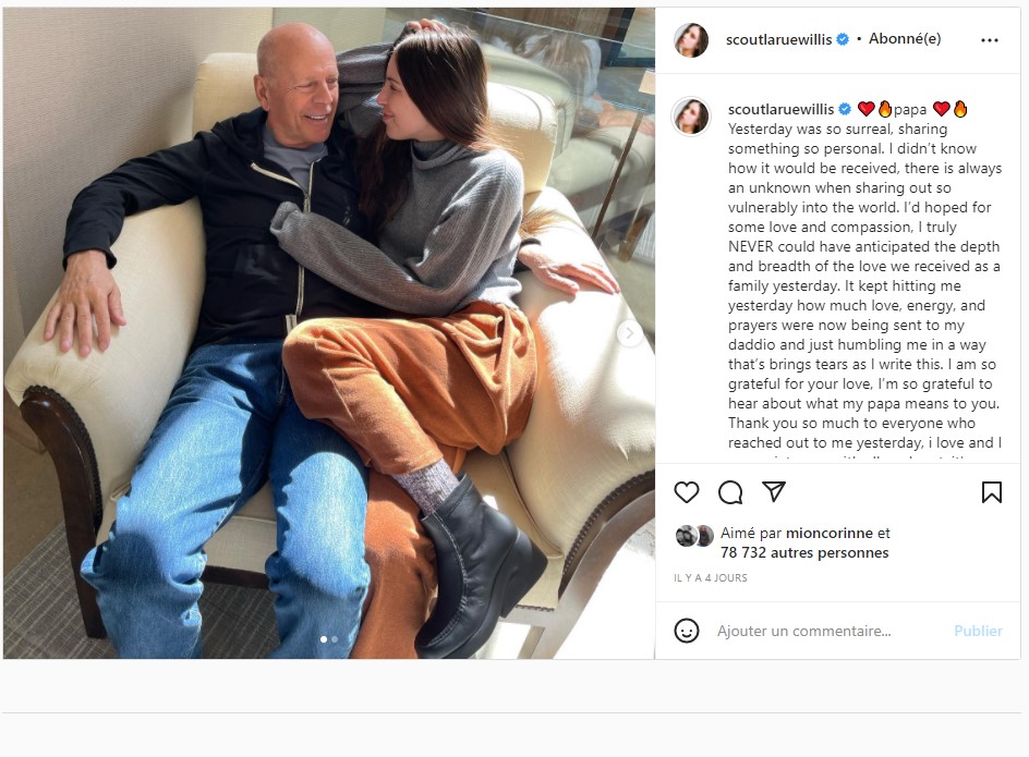 Scout, l'une des filles de Bruce Willis Willis partage une photo et un message de remerciements. - bruce willis