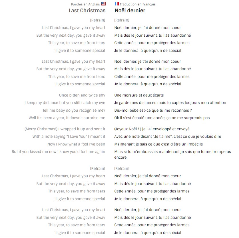 Traduction : Les paroles en français de Last Christmas de Wham (George Michael) - capture decran 2022 12 25 091533