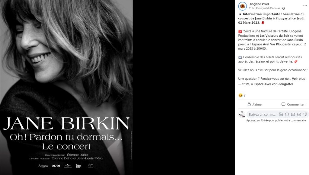 Jane Birkin: L'inquiétude monte encore - Elle annule plusieurs concerts suite à une fracture. - capture decran 2023 03 02 134044
