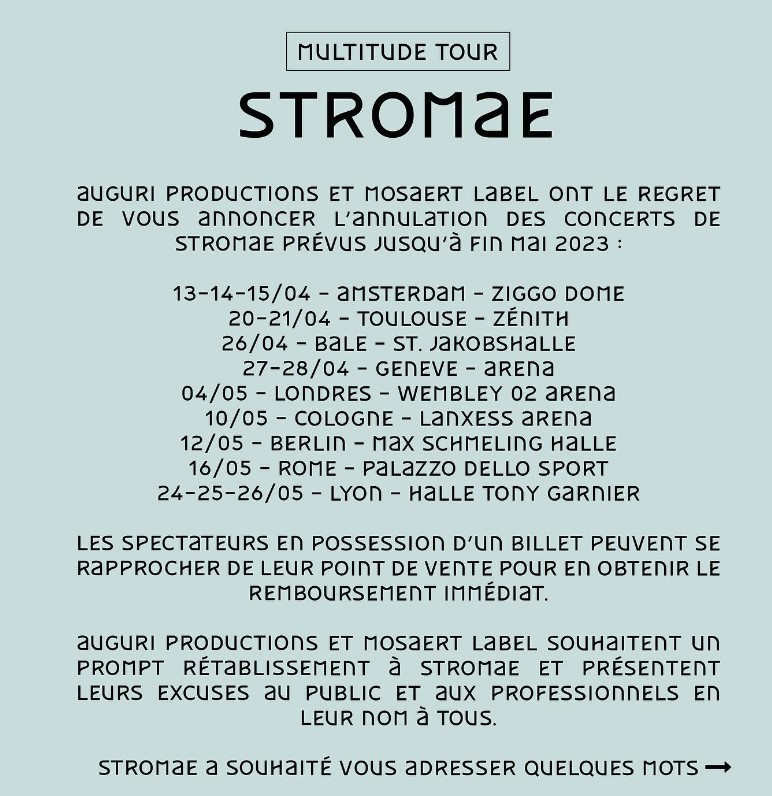 Stromae annule 15 concerts pour raison de santé. Il publie un communiqué... - capture decran 2023 04 04 204109