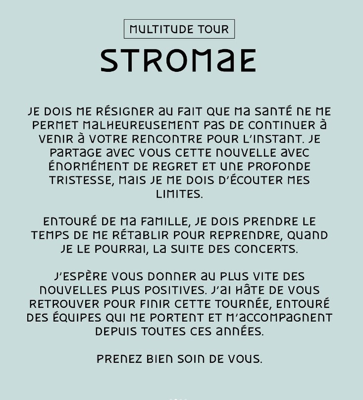 Stromae annule 15 concerts pour raison de santé. Il publie un communiqué... - capture decran 2023 04 04 204121
