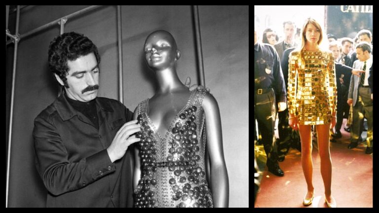 1968 : Françoise Hardy porte la robe métallique et iconique de Paco Rabanne. - hf