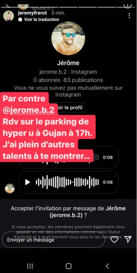 La réaction de Jérémy Frérot face à un détracteur "Rdv sur le parking de hyper U à Gujan à 17h..." - jeremy frerot 1