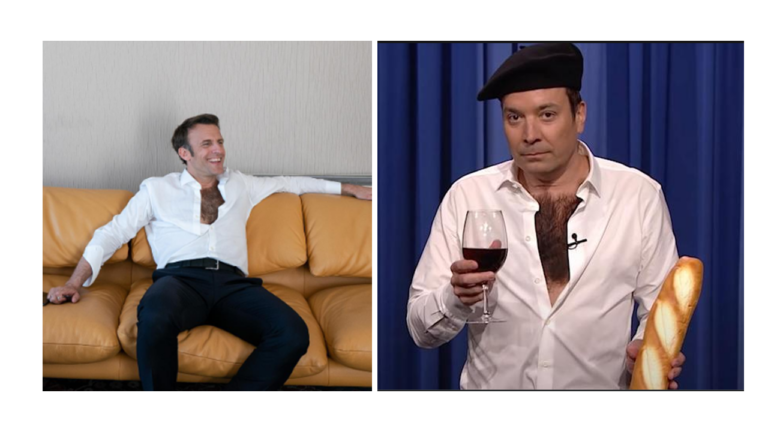 Jimmy Fallon parodie en chanson Emmanuel Macron chemise ouverte, baguette et verre à la main. - macron