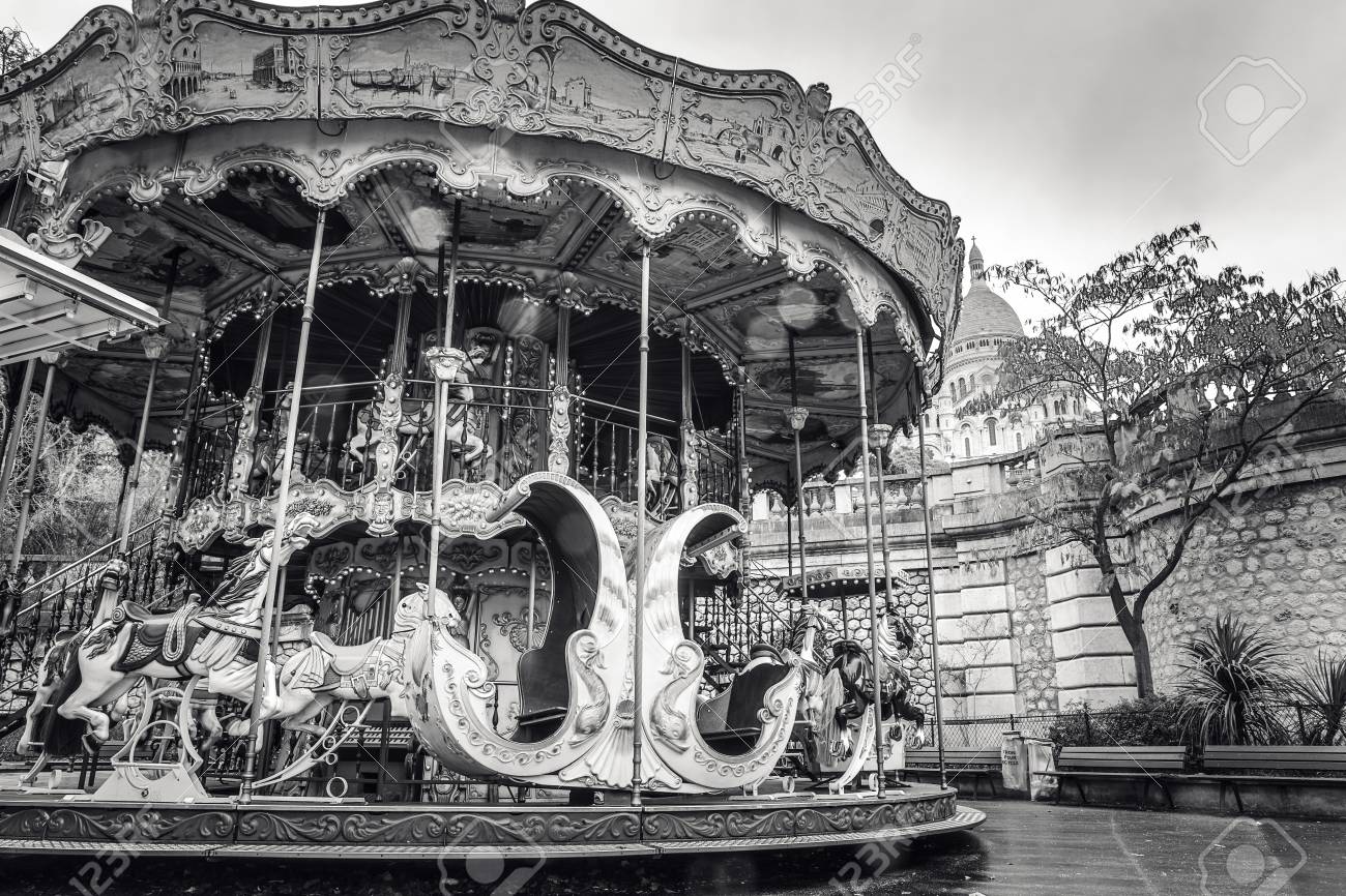 View from Montmartre to autumn rainy Paris. Black-white photo.