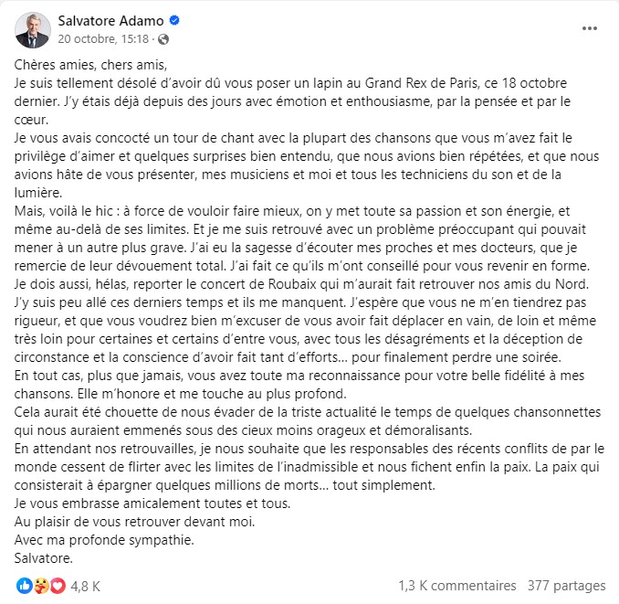 Après l'annulation de ses concerts Salvatore Adamo publie un long message d'excuses... - salvatore adamo 2