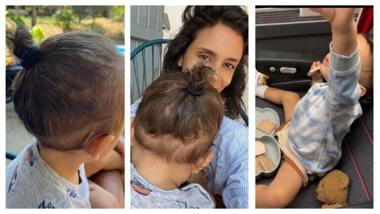 Shy'm avec son fils Tahoma (19 mois). Elle coiffe ses longs cheveux en chignon. Mignon ! - shym 5