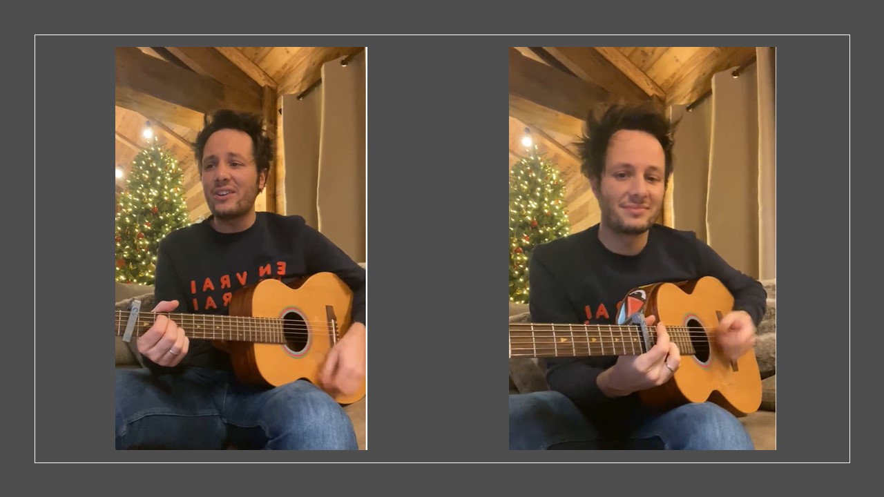 Vianney en vacances à la montagne reprend Goldman, guitare en main devant le sapin.