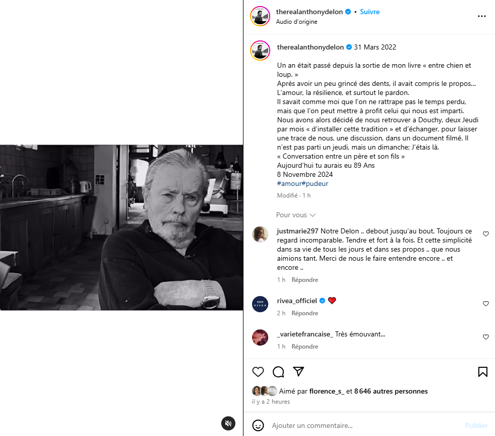 "J'espère que je mourrai un jeudi". Anthony Delon poste une vidéo intime et touchante de son père qui aurait eu 89 ans aujourd'hui... - capture decran 2024 11 08 105706